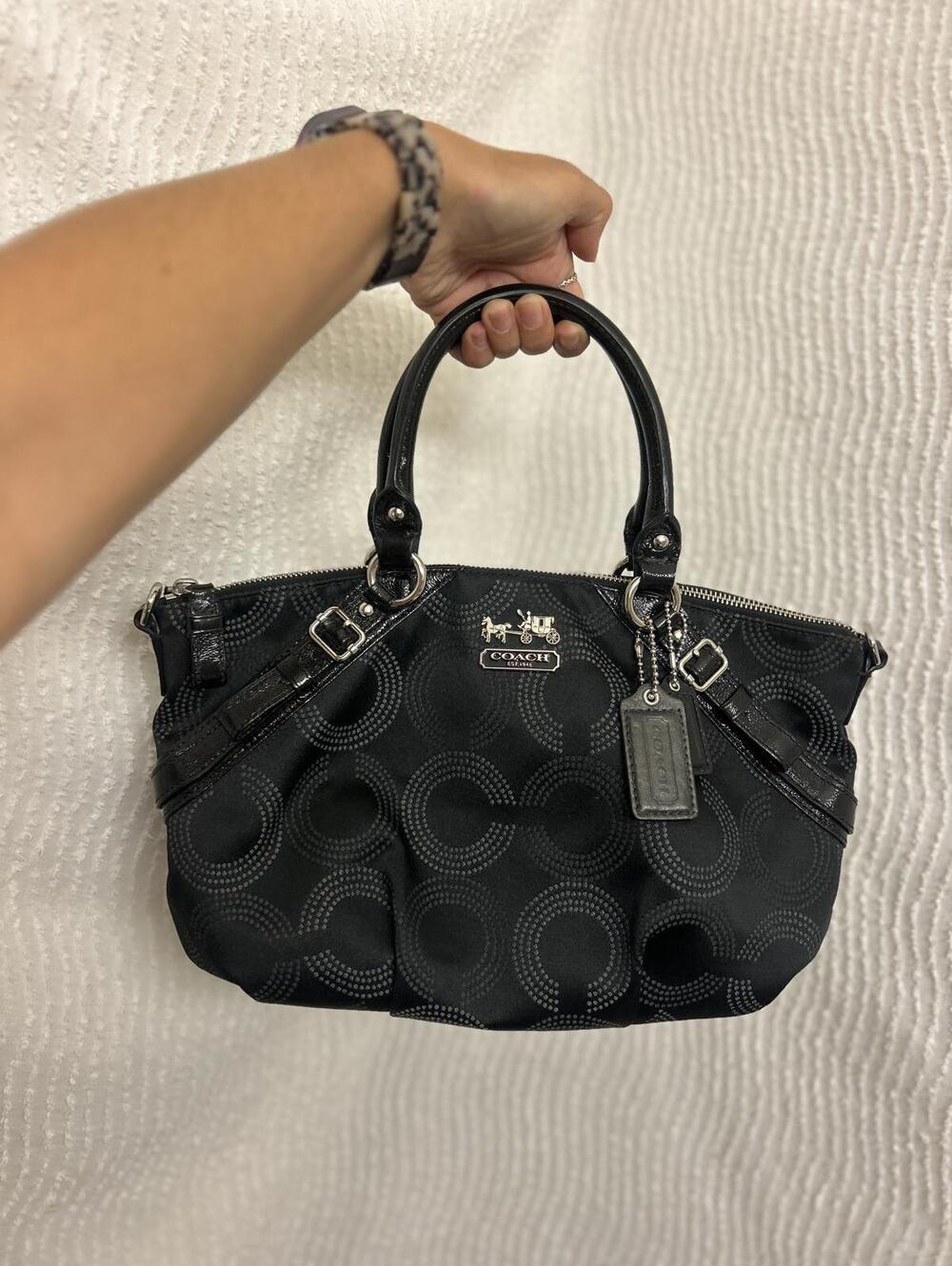 Coach Madison Op Art Dot Sophia Satchel Black Silver Hardware Convertible Bag